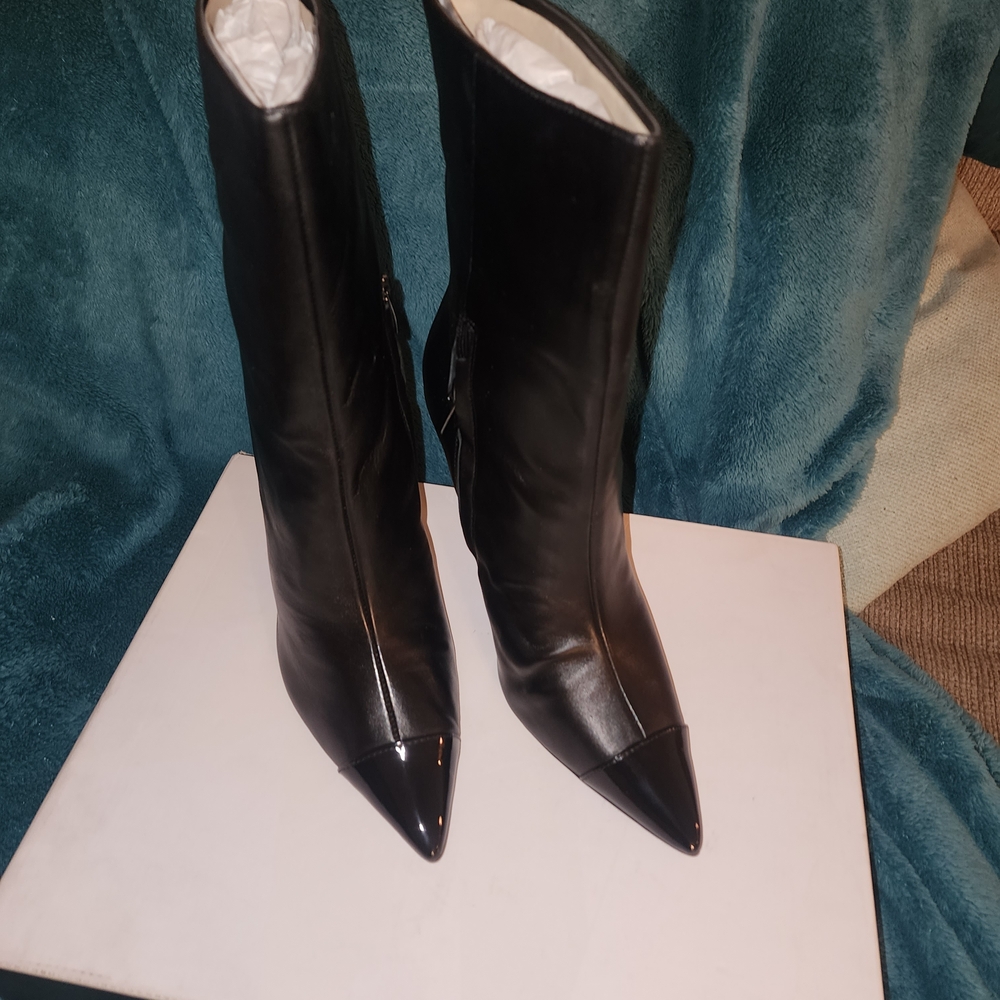 NEW! Nine West Black Pointed Toe Mid-Calf Boots with Patent Cap
